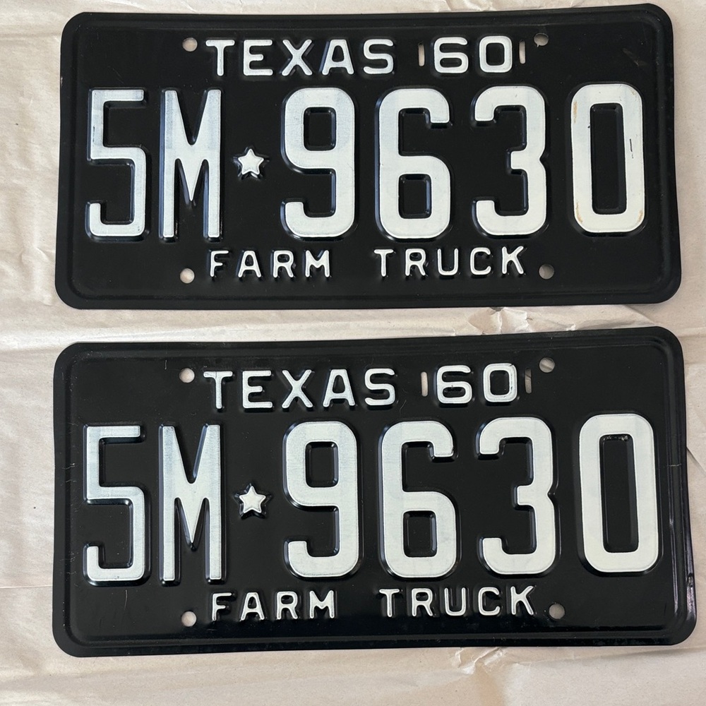 Vintage Black and White Texas Farm Truck License Plate Pair